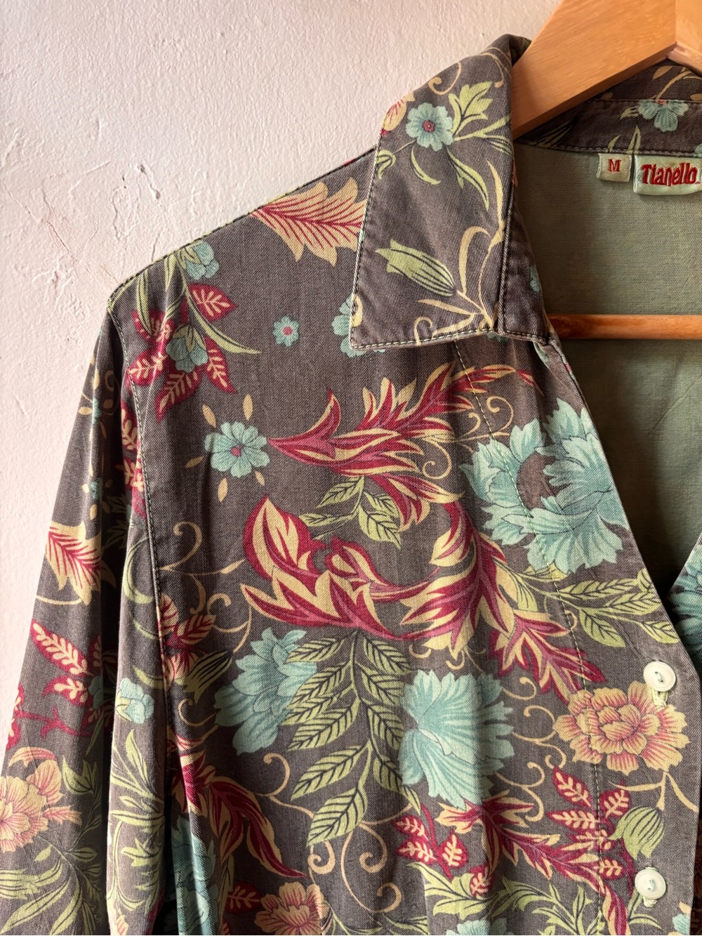 Tianello Floral Button Down Shirt M Green Boho Art Botanical Made in USA - Picture 4 of 13
